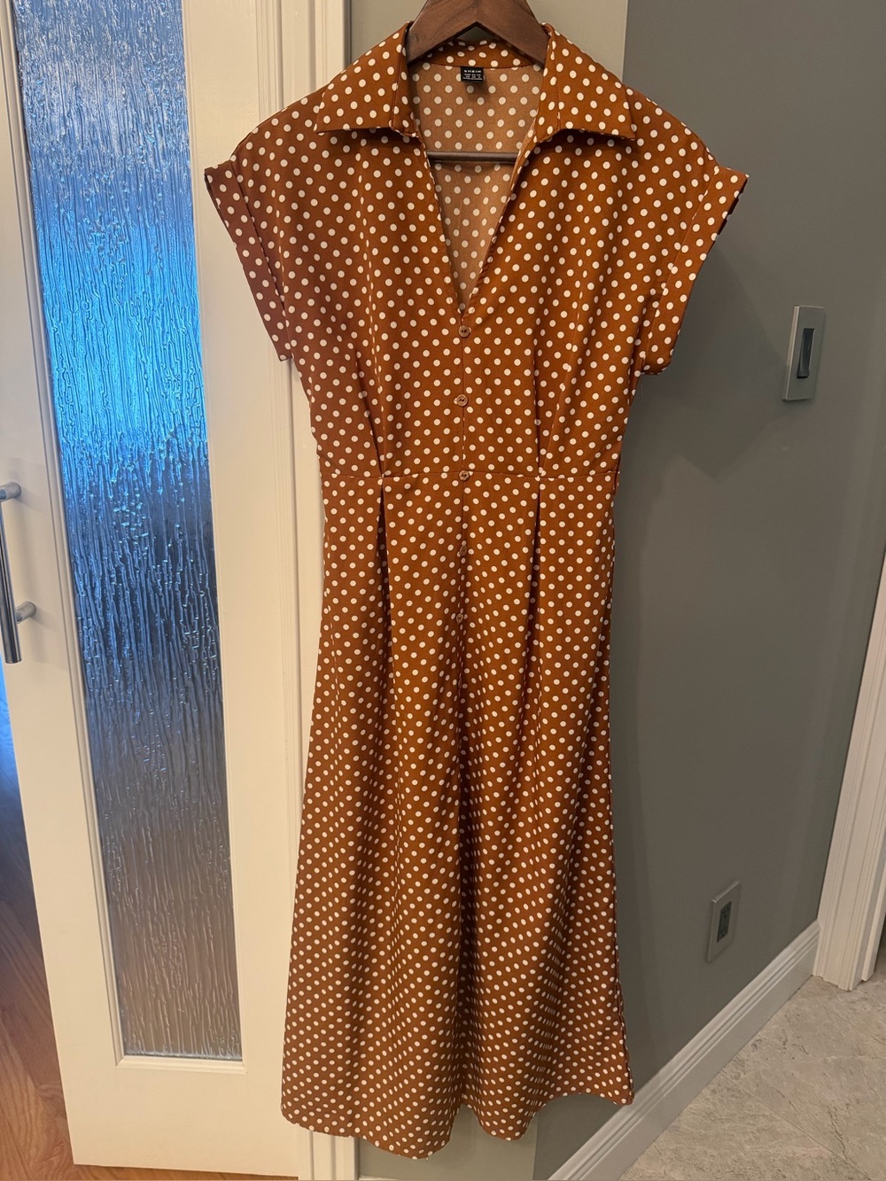 SHEIN Brown Polka Dot Midi Dress XS Collared Button Front Short Sleeve